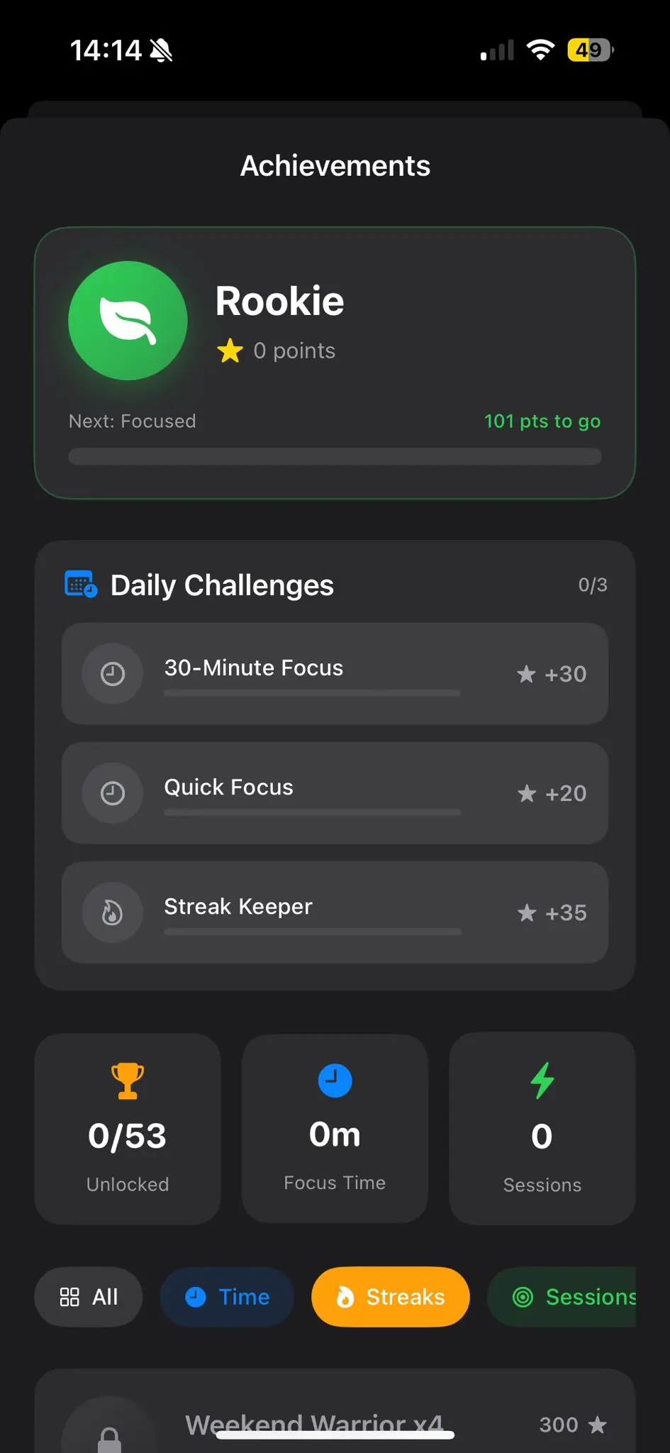 BLOCC focus streaks and achievements - 50+ badges from Rookie to BLOCC God
